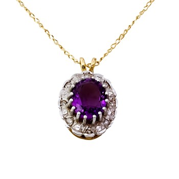 9ct gold Amethyst / Diamond Cluster Pendant with chain